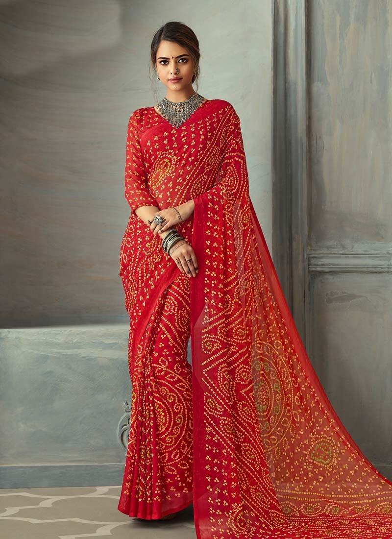 Remarkable Red Color Bandhej Printed Chiffon Base Saree Clearance Very Cheap