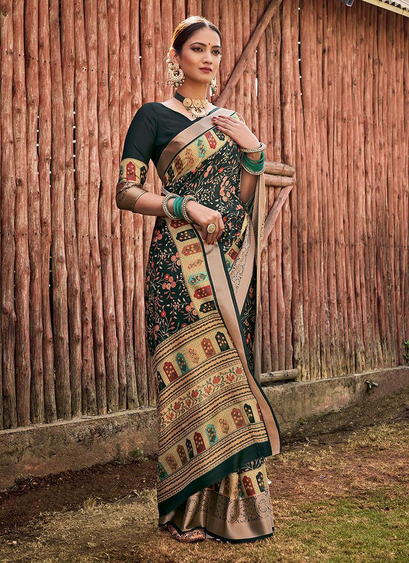 Dark Green Digital Print Traditional Saree Cheap Sale From China