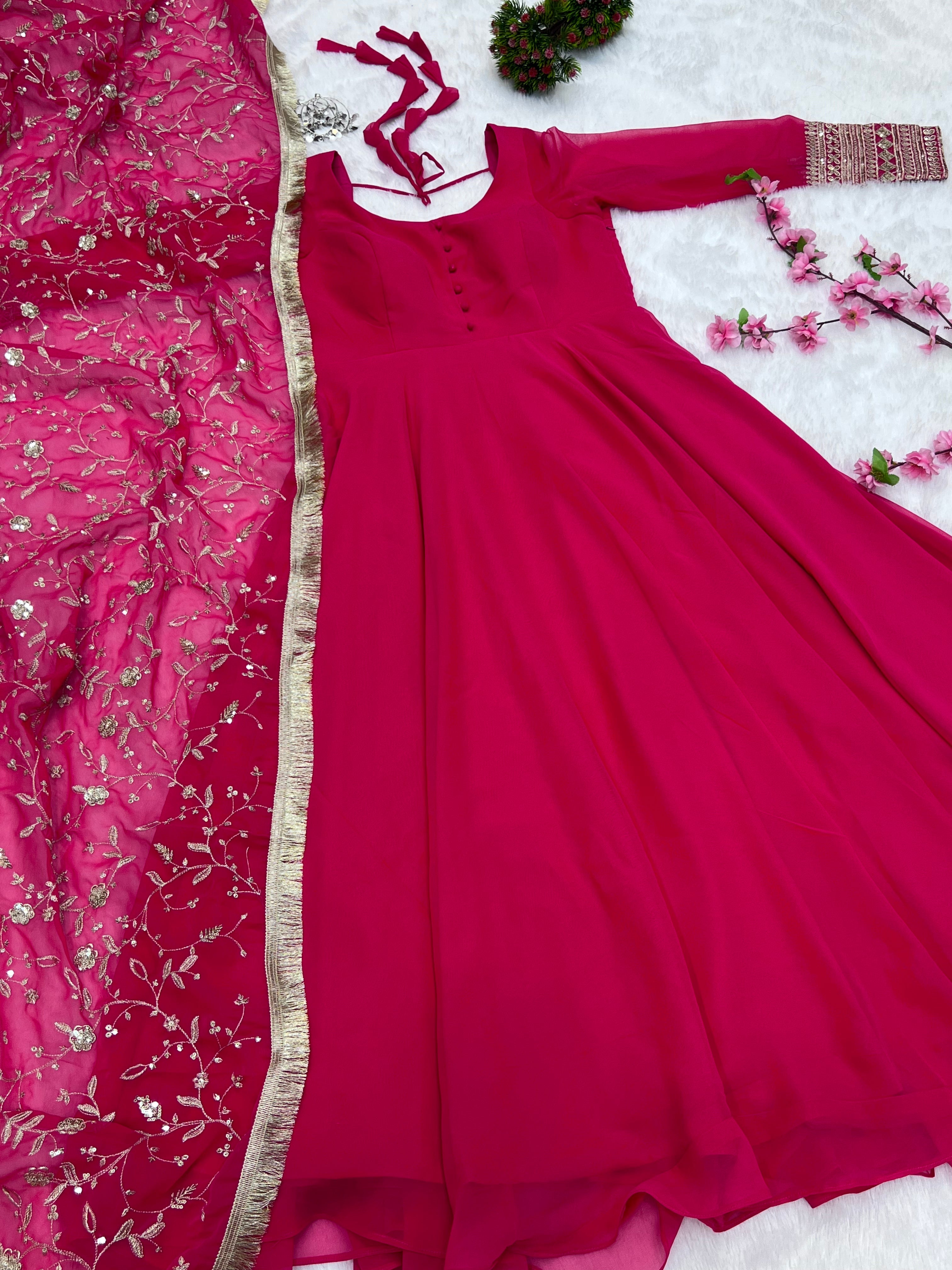 Rani Pink Color Georgette Gown With Dupatta Set Discount Original