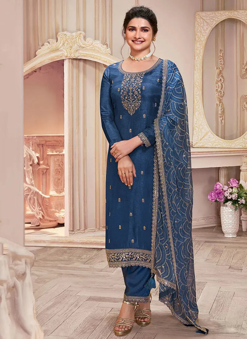 Dark Blue Georgette Silk Sequins Embroidered Straight Suit Buy Cheap Cheapest Pice