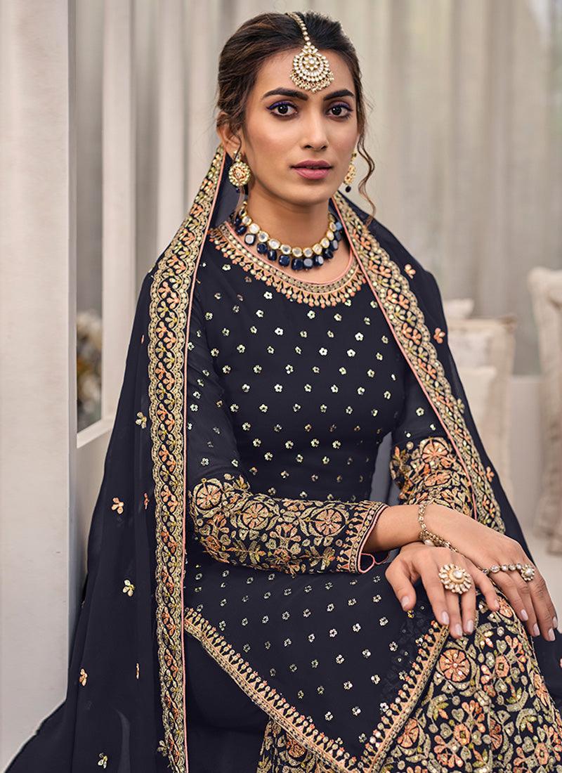 Georgette Base Boat Neck Navy Blue Palazzo Suit Discount Sale Online