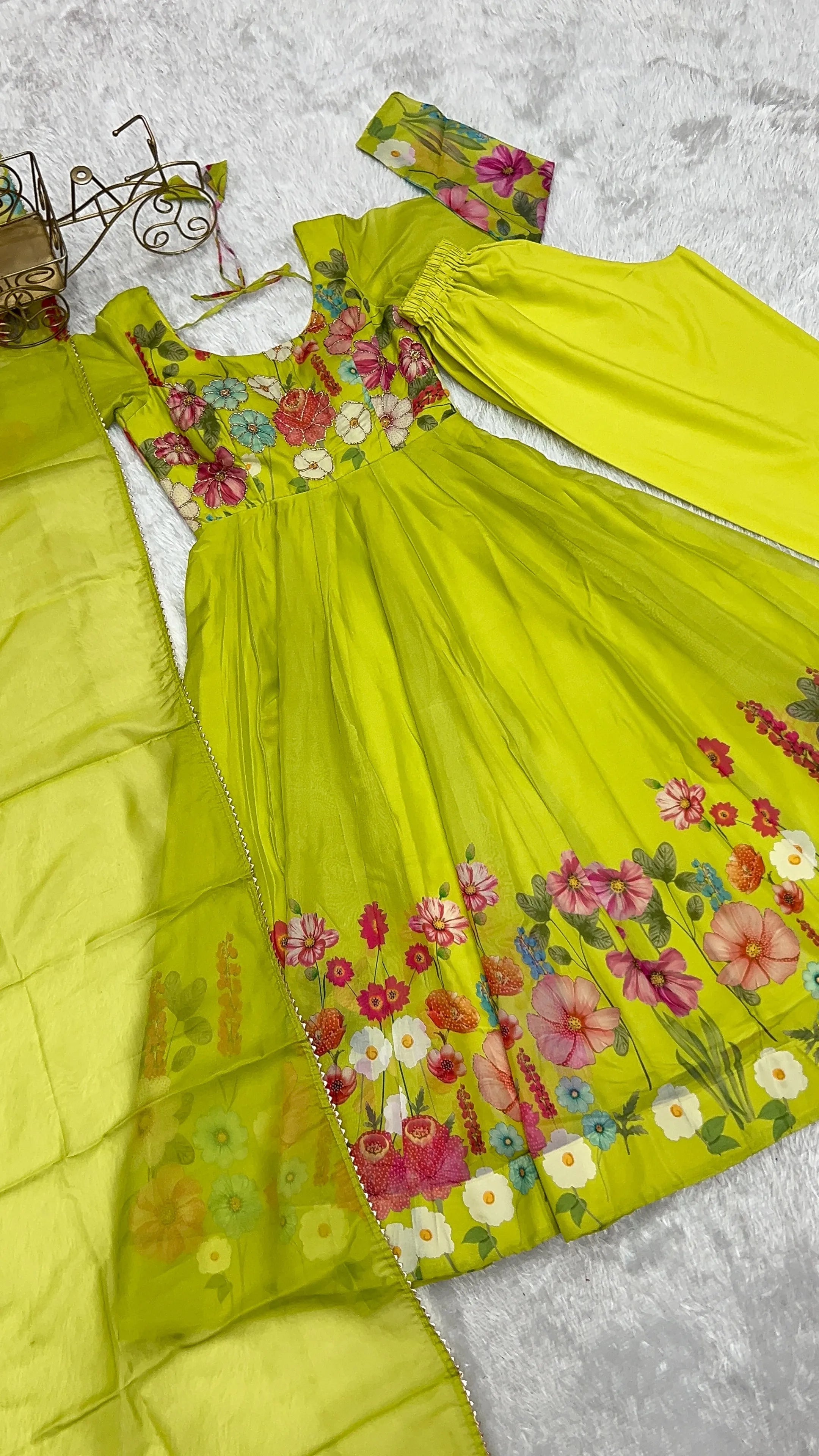 Cream silk Floral Printed anarkali suit with dupatta Cheap Sale View