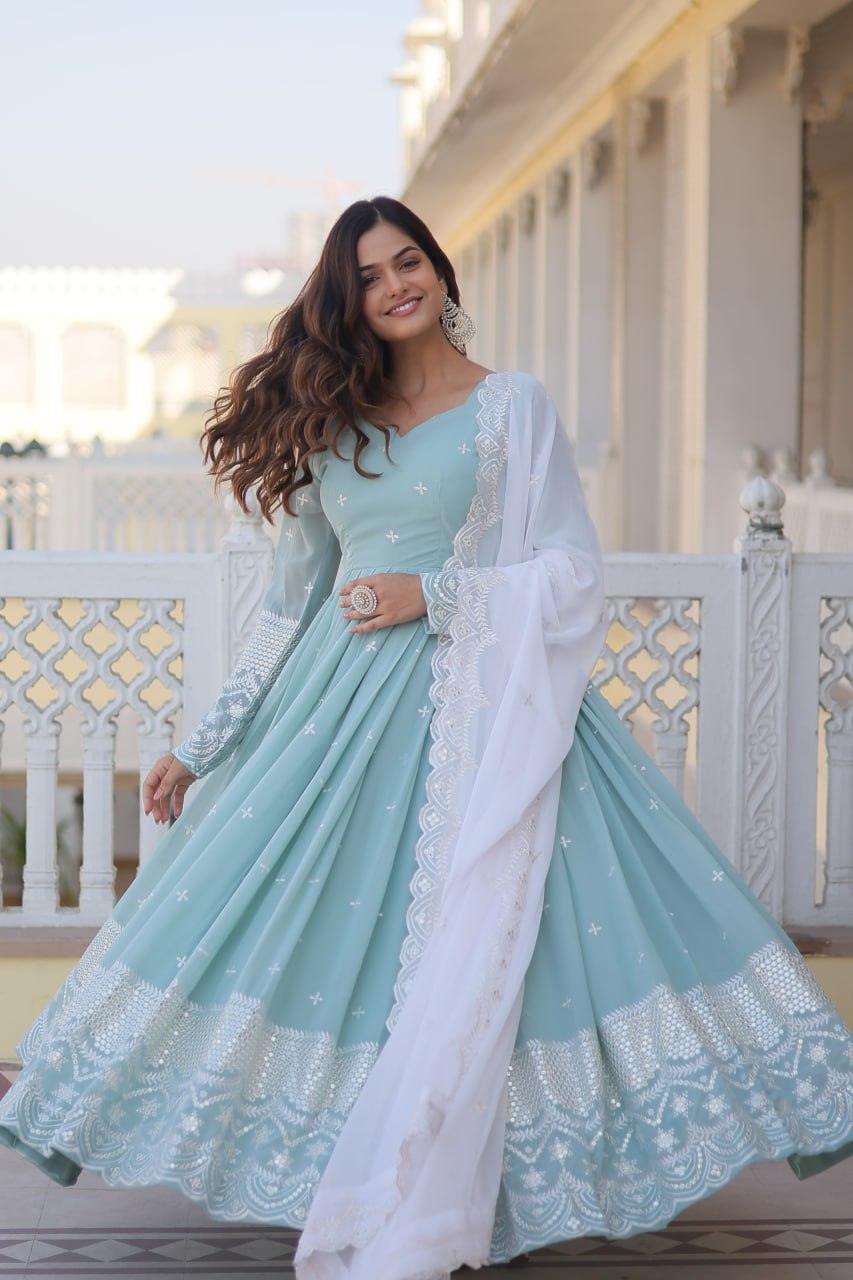 Sky Blue Faux Georgette Thread Sequins Embroidered Gown Cheap Sale Latest Collections