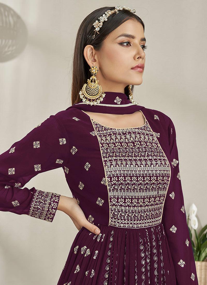 Embroidered Wine Straight Suit With Palazzo Cheap Sale Store