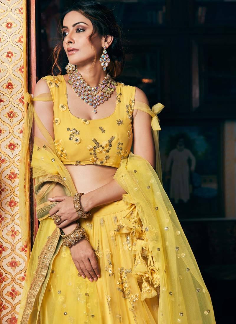 Sunshine Yellow Color Soft Net Base Heavy Work Designer Lehenga Choli Buy Cheap Fashion Style