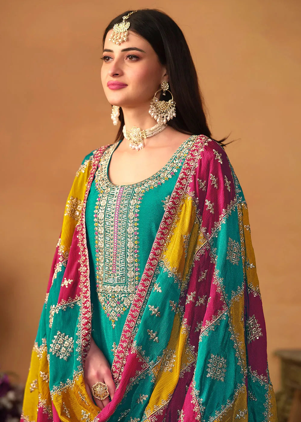 Glowing and Dazzling Chinon Silk Turquoise Salwar Suit Official Cheap Online