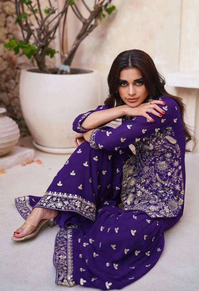 Charming Dark Purple Georgette Embroidered Sharara Suit Clearance 2025