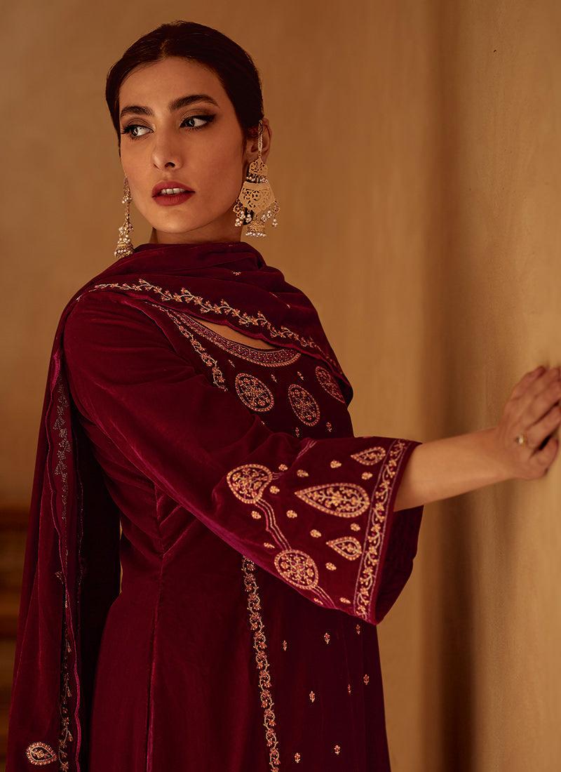 Heavy Zari Work Maroon Velvet Suit Sale Reliable