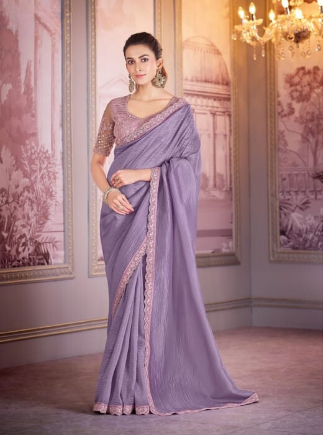 Luxurious Lavender Tissue Crush Embroidered Saree High Quality