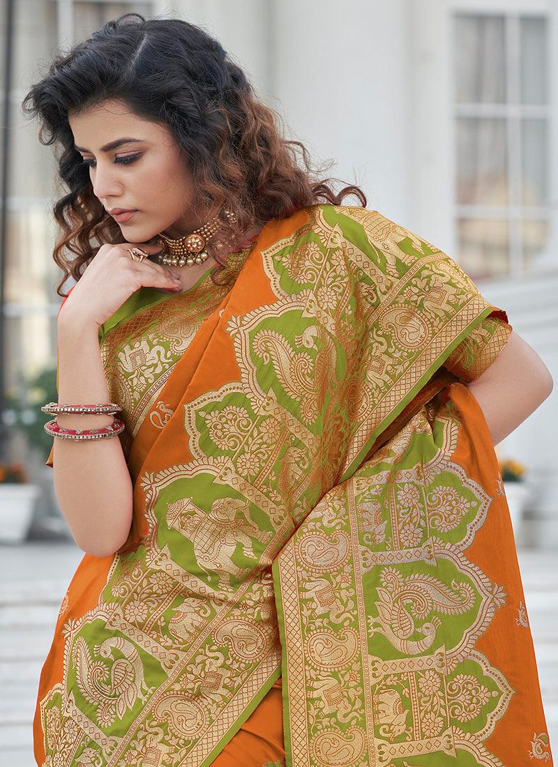 Elegant Orange Color Banarasi Silk Base Silk Weave Work Saree Wholesale Pice