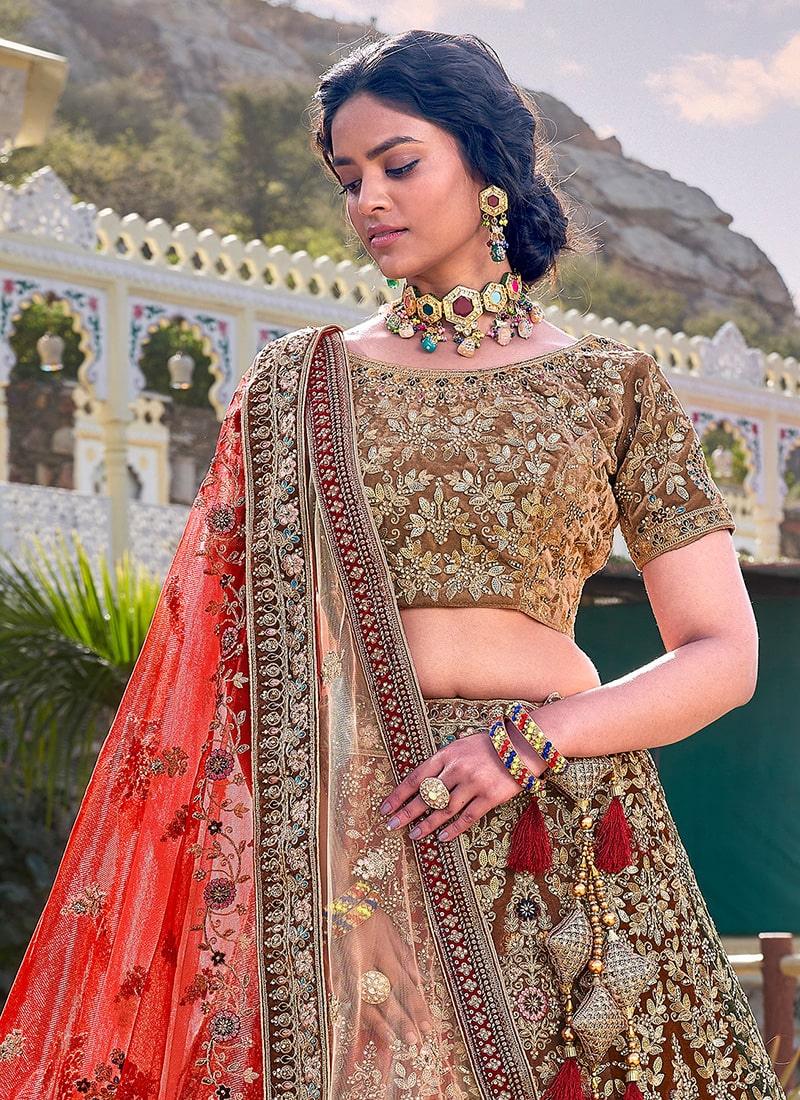 Brown And Red Color Velvet Base Wedding Wear Bridal Lehenga Purchase For Sale