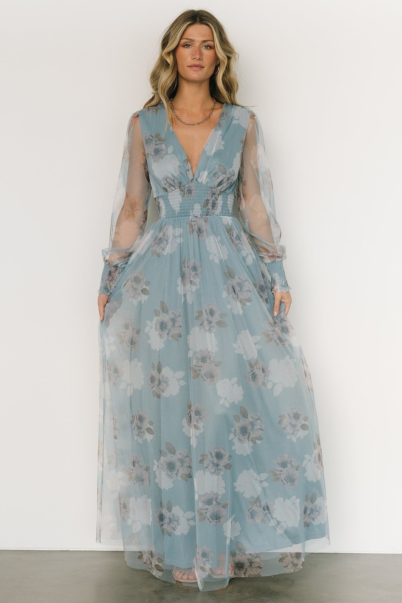 Layla Tulle Maxi Dress | Light Blue Floral Fashionable Online