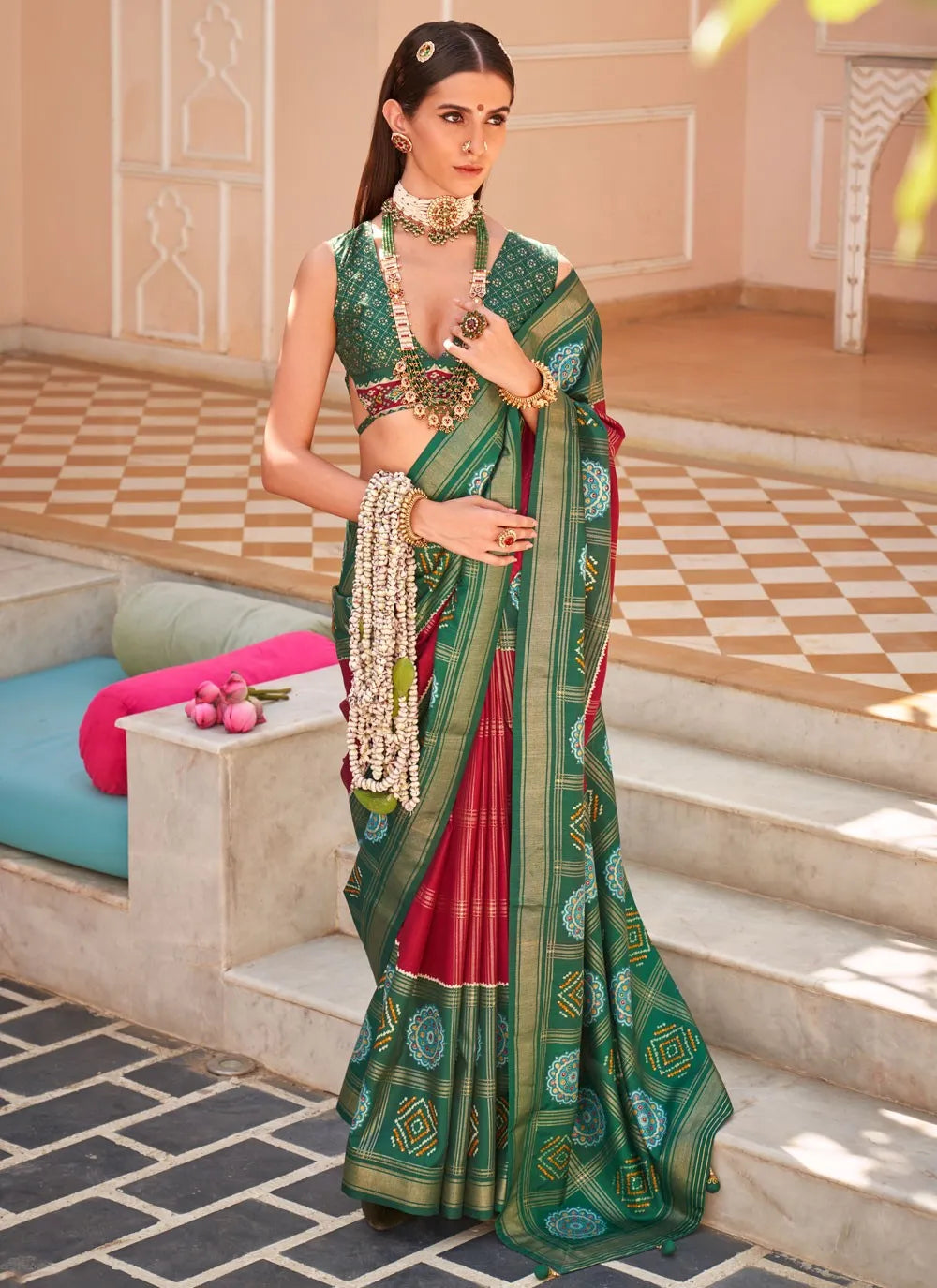 Elegant Dark Green Red Foil Printed Designer Causal Saree Manchester Great Sale Online