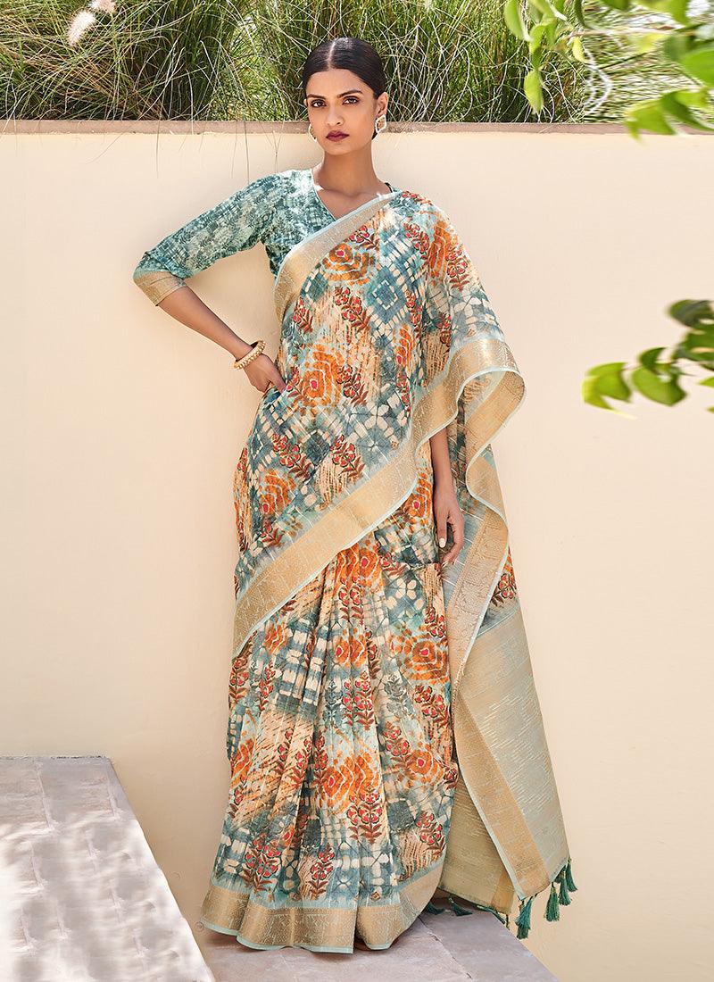 Turquoise Color Delightful Printed Partywear Saree Cheap Sale Shop For