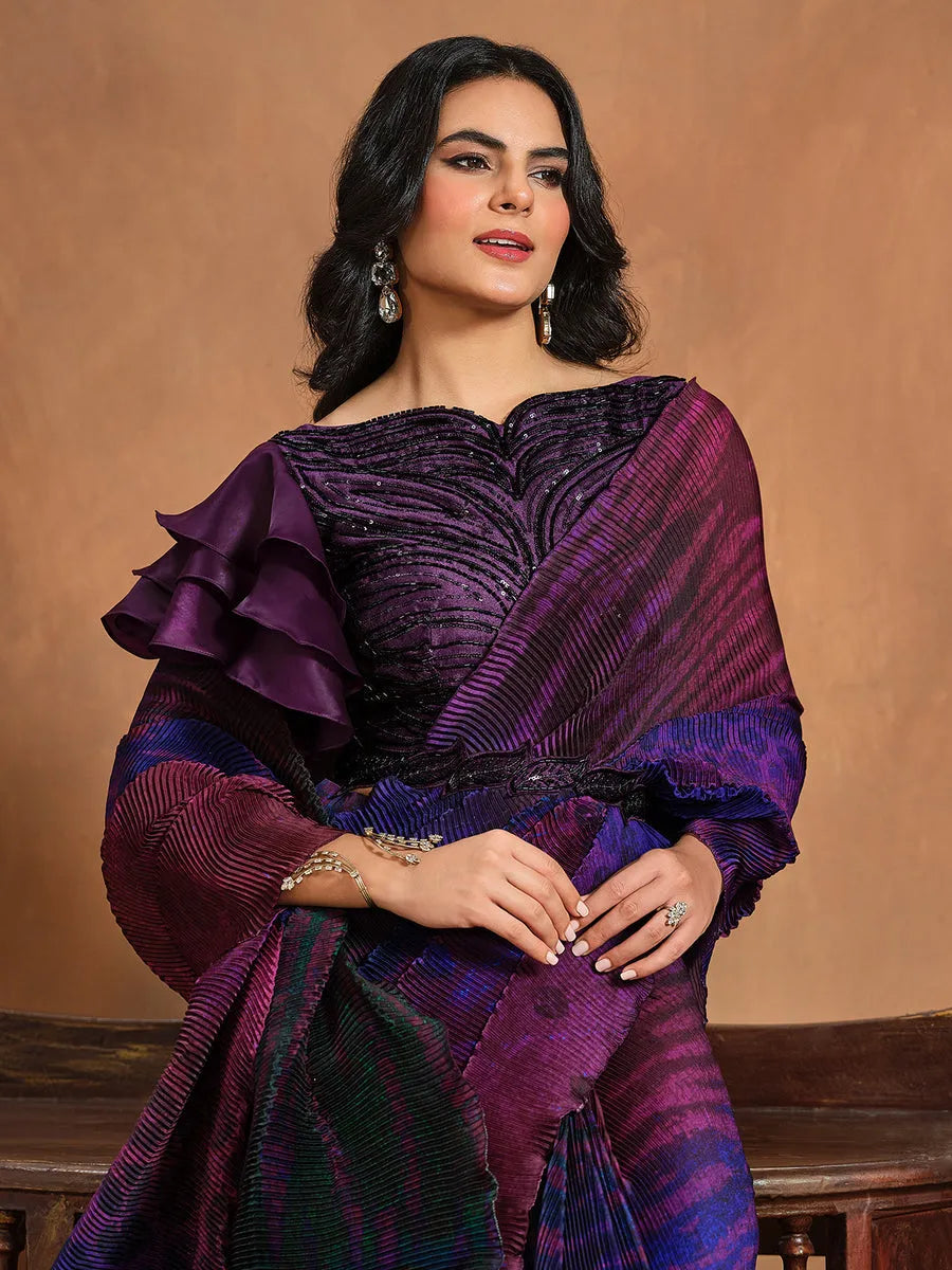 Radiant Dark Purple Satin Silk Printed Ready To Wear Saree Cheapest Pice For Sale