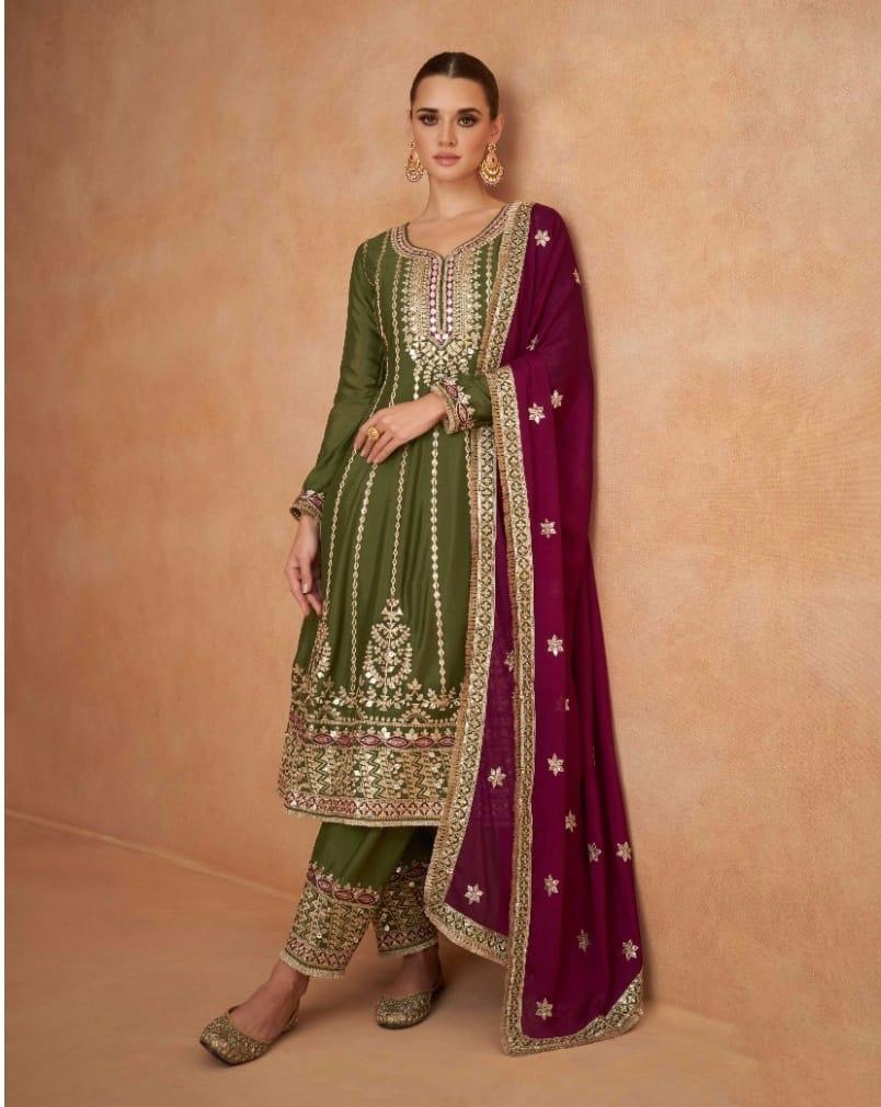 Green silk Embroidered and sequined pant style suit with dupatta Cheap Newest