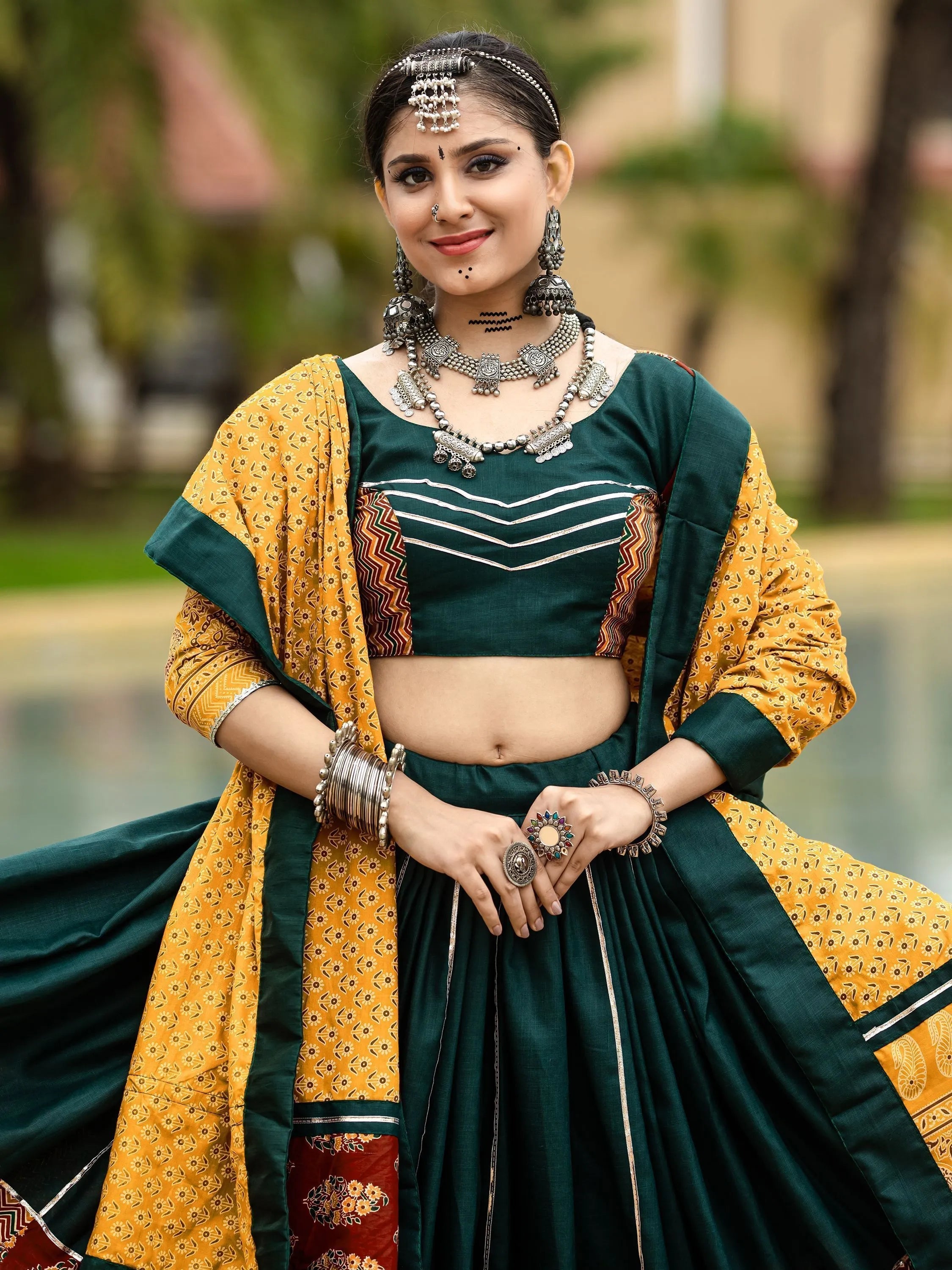 Dark Green Cotton Flared Rajwadi Navratri  Lehenga Choli Discount Ebay