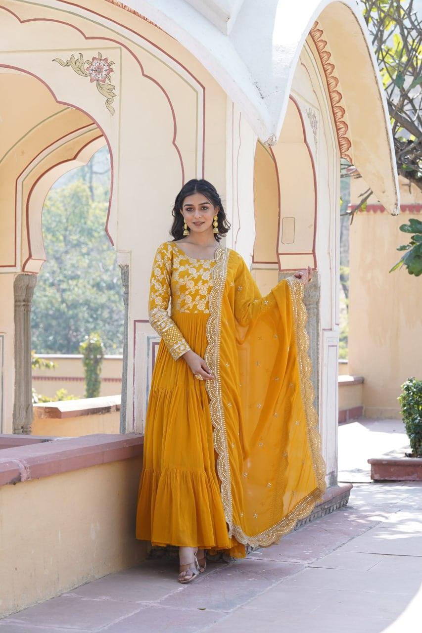 Yellow Georgette Ruffle gown with dupatta Pay With Visa Sale Online