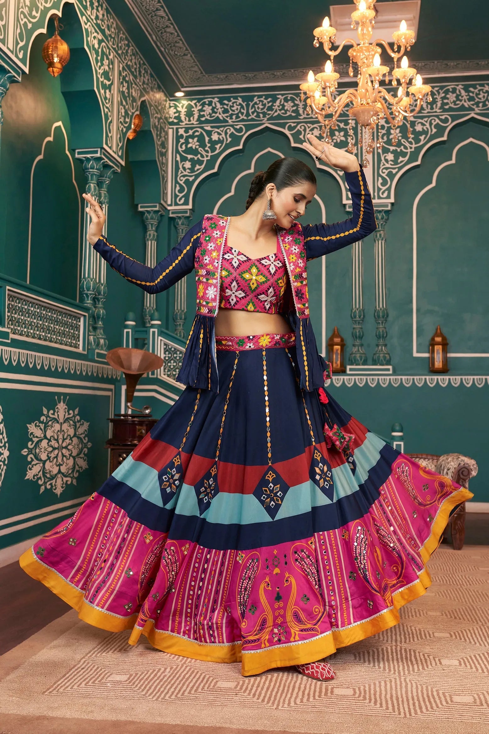 Celebrate Navratri With Multicolored Silk Jacket Lehenga Choli Clearance For Nice