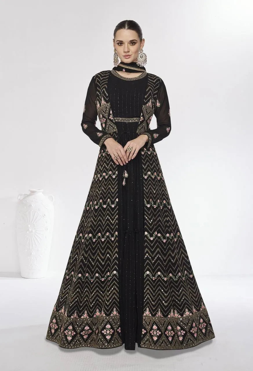 Classic Black Embroidered Faux Georgette Gown With Jacket Pay With Paypal