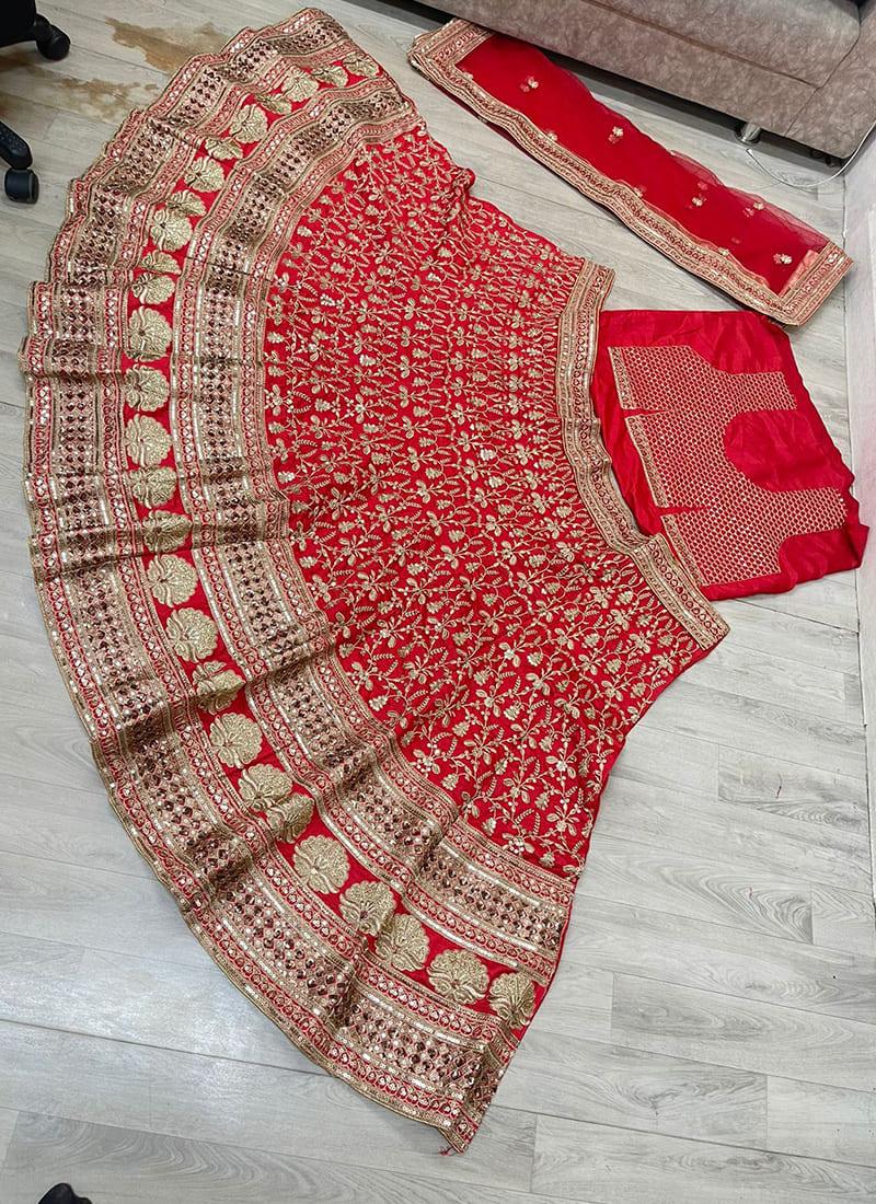 Plunging Neckline Full Sleeves Red Lehenga Choli Discount Shop For