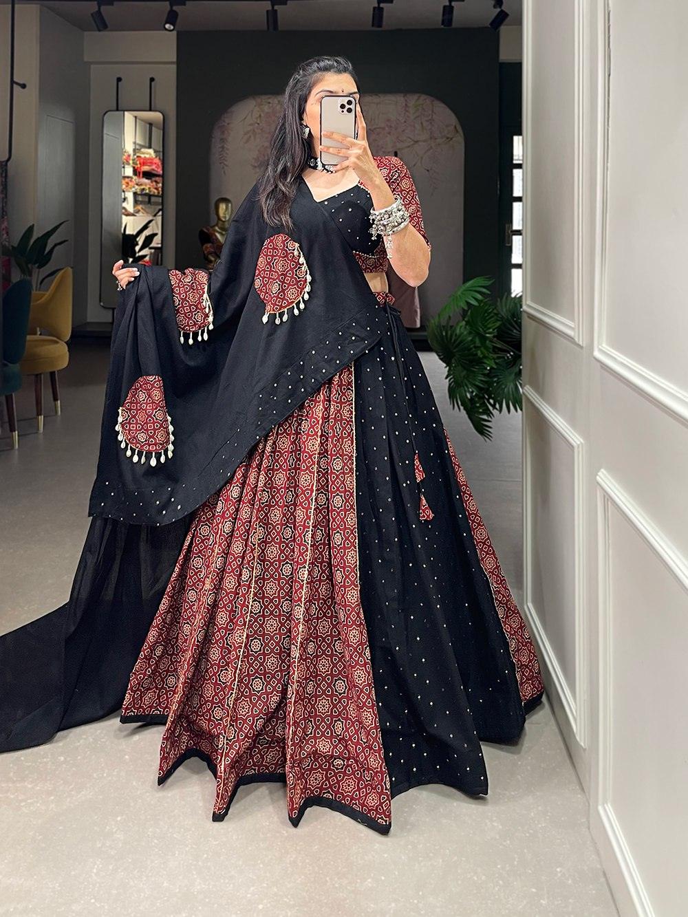 Maroon Black Printed Pure Cotton Mirror Lace Worked Navratri Lehenga Set Recommend Cheap Online