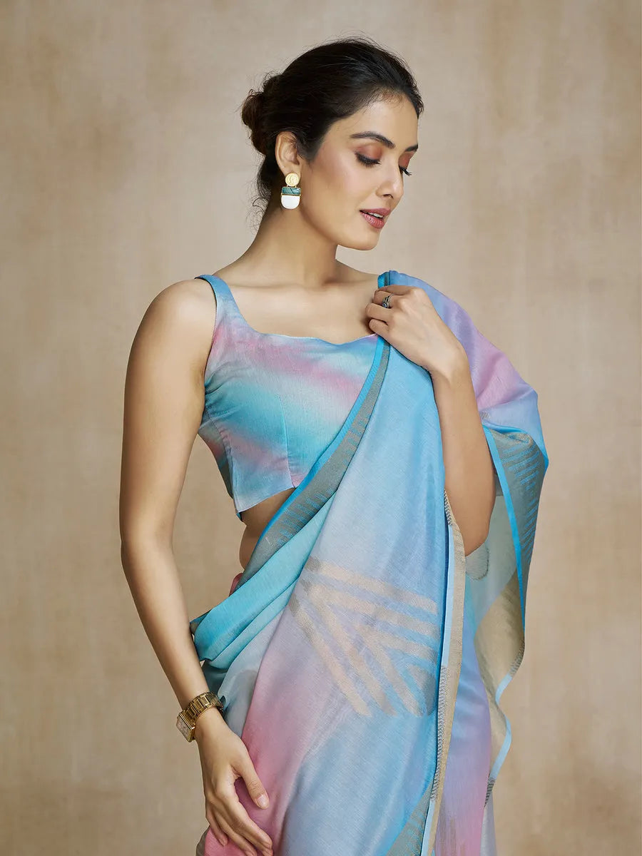 Splendiferous Sky Blue Silk Digital Printed Fancy Saree Brand New Unisex