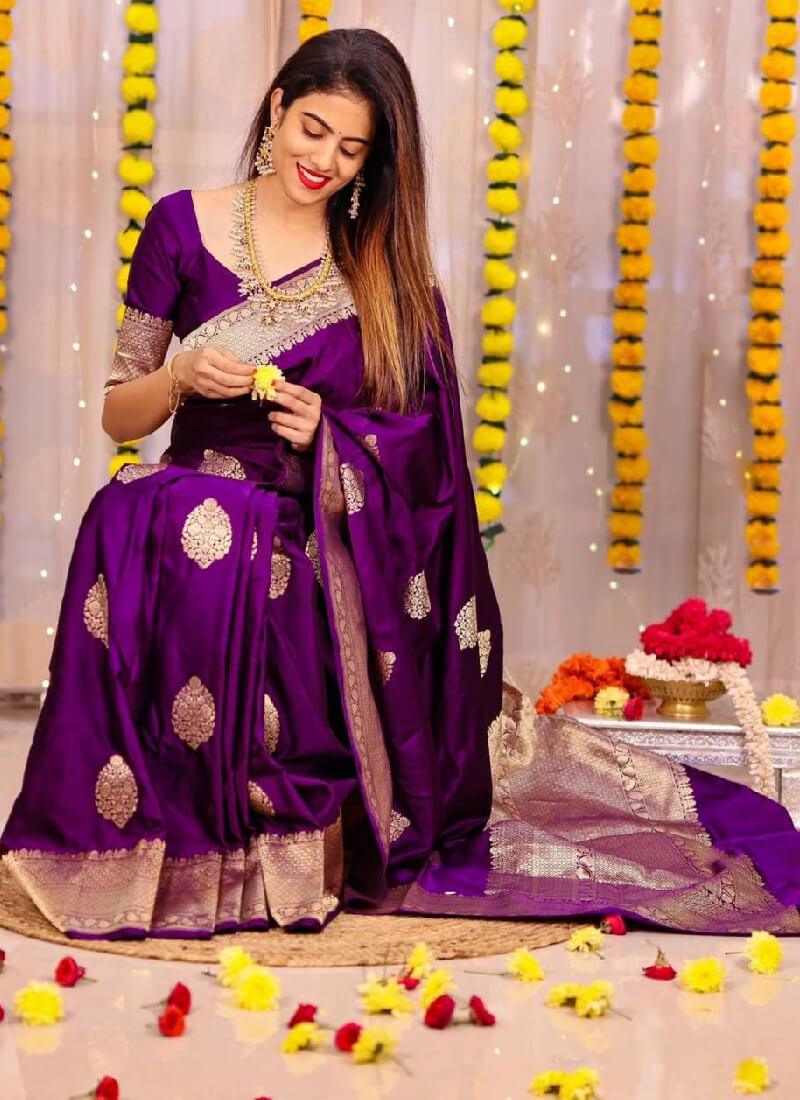 Dazzling Purple Color Silk Base Saree With Blouse Piece Cheap Fashionable