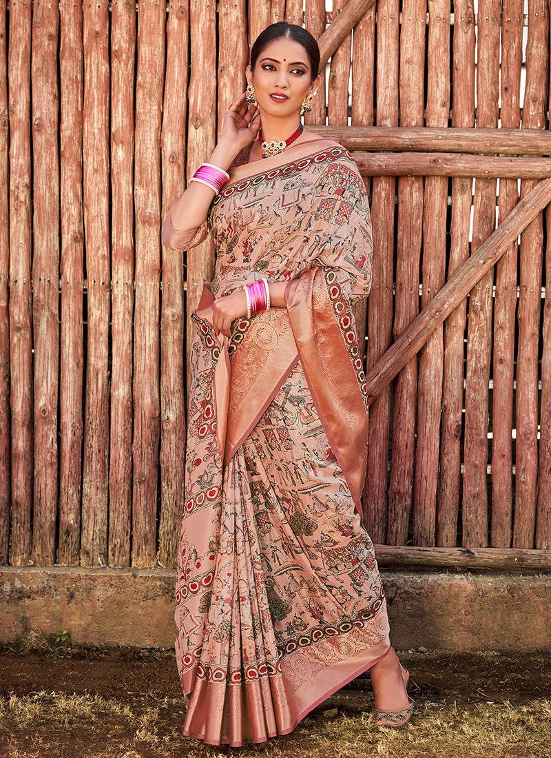 Light Peach Digital Print Traditional Saree Top Quality For Sale