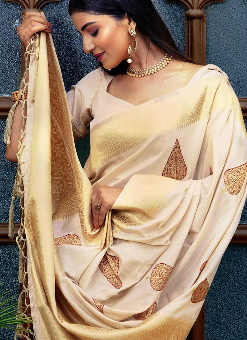 Cream Color Leaves Print Silk Saree Buy Cheap Footlocker Pictures