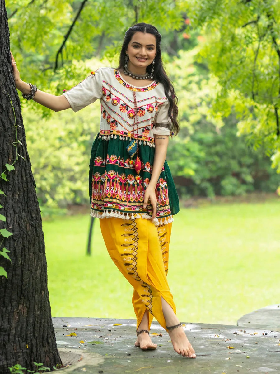 Off-White and  Green Embroidered  Kedia Set for Navratri In China Cheap Online