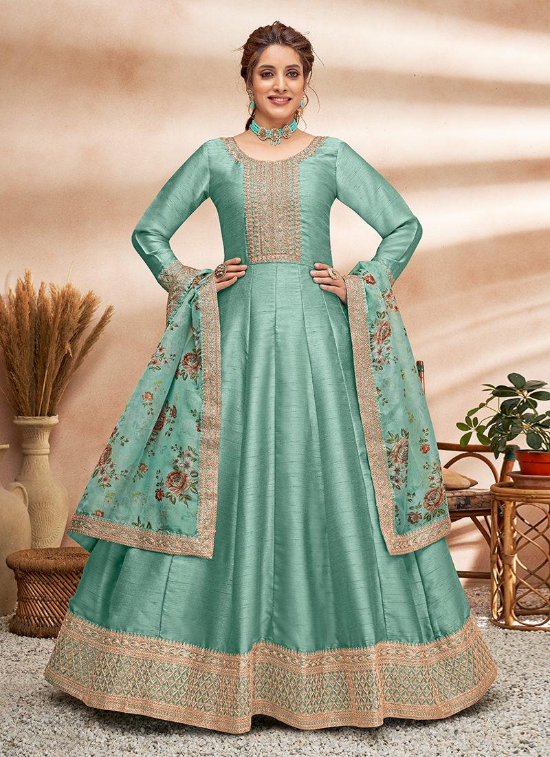 Embroidered Art Silk Fabric Green Gown Clearance For Nice