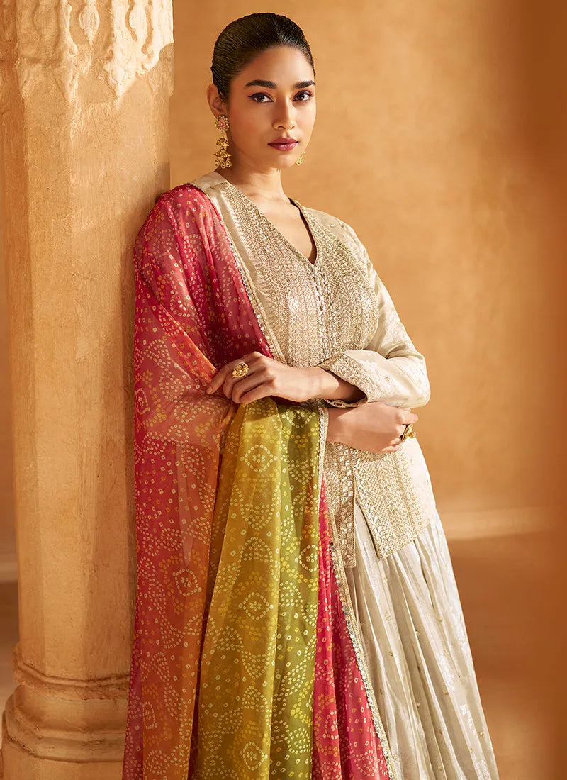 Beautiful Ivory Beige Embroidered Designer Lehenga Kurta Online Online Free Shipping