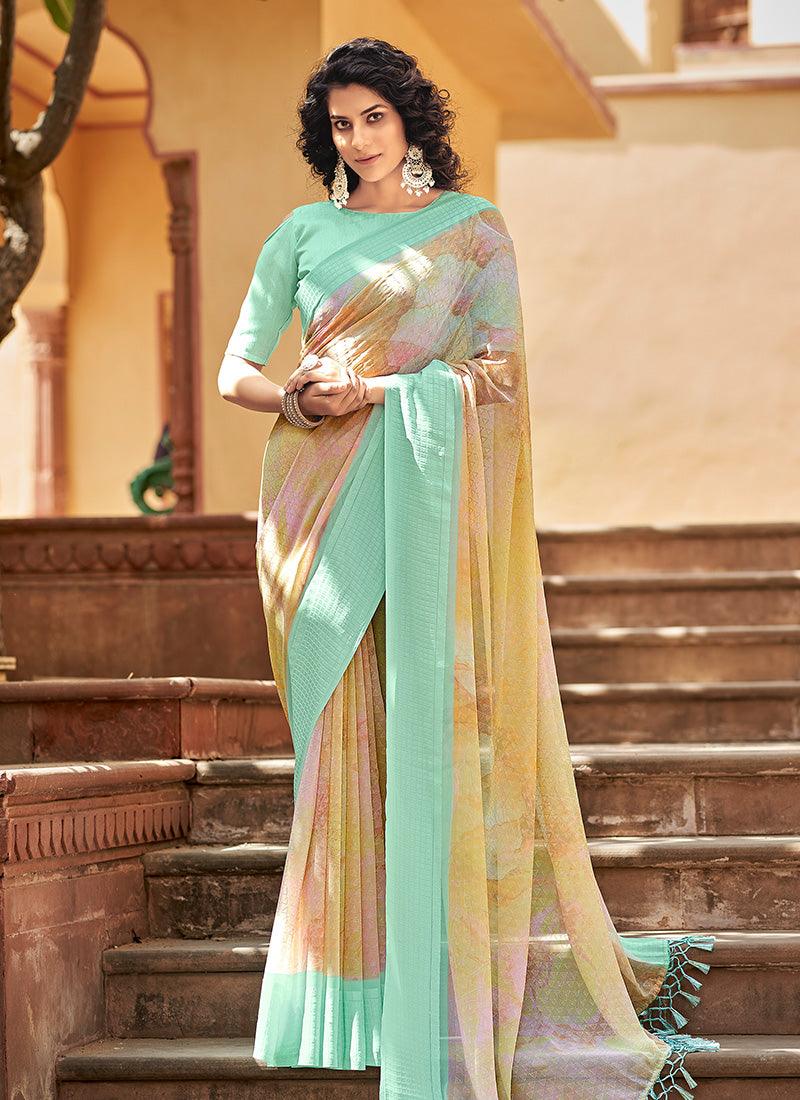 Georgette Base Printed Boat Neckline Saree Top Quality Online