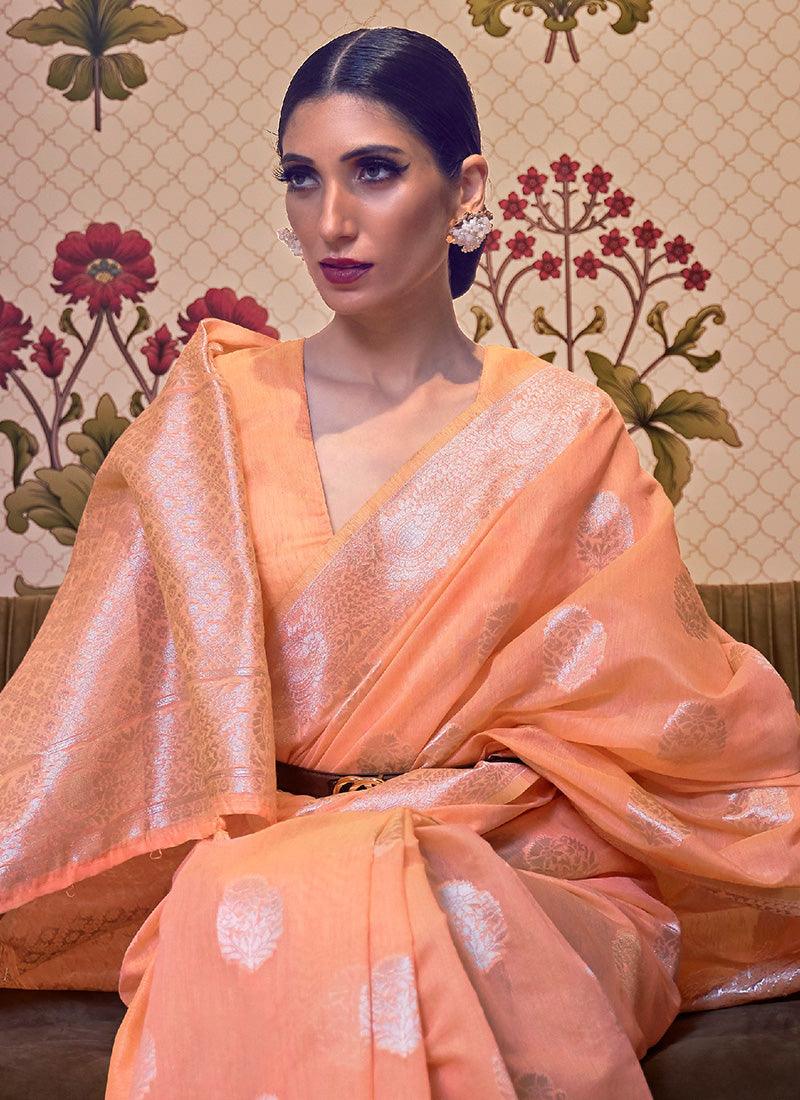 Attractive Orange Color Silk Weave Saree With Half Sleeve Blouse New Online