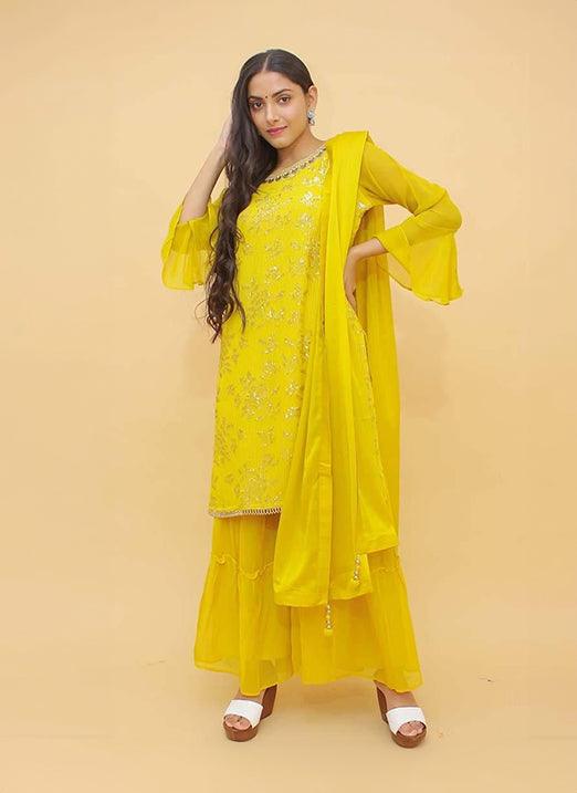 Shining Yellow Color Circular Flounce Sleeves Sequins Work Sharara Salwar Suit New For Sale