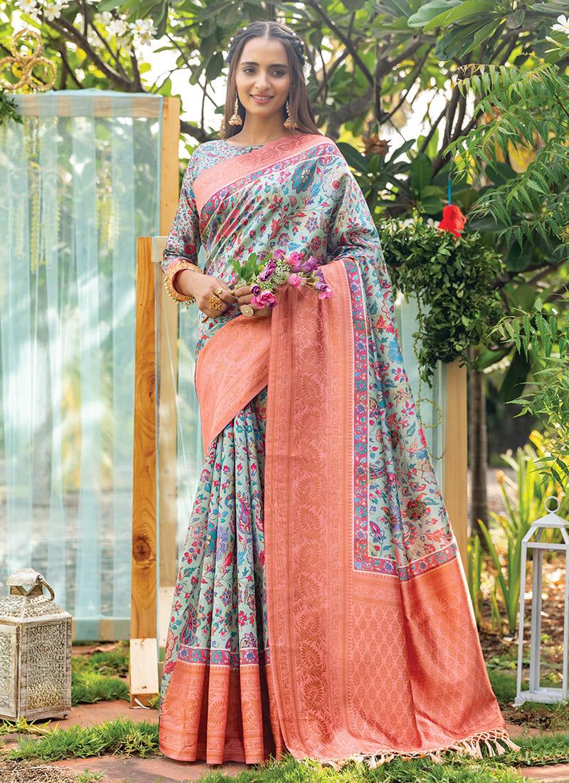 Sky Blue Color Kashmiri Digital Printed Silk Base Saree With 3/4th Sleeves Blouse Pick A Best Sale Online