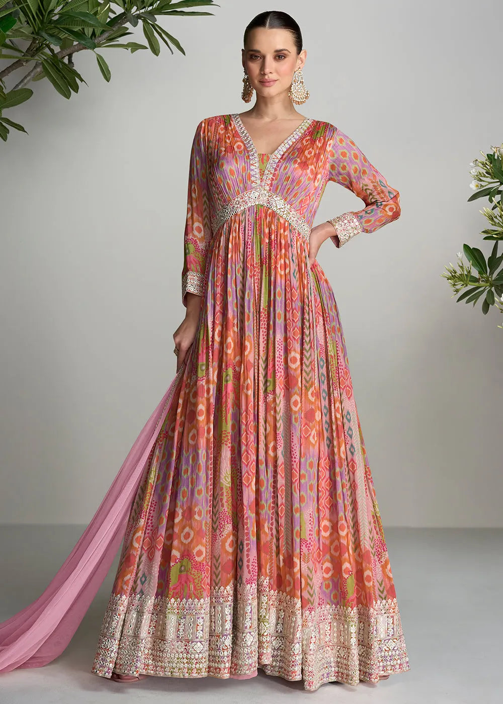 Elegant Multi color  Digital Floral Printed  Chinon Anarkali Gown With Dupatta Low Pice Fee Shipping