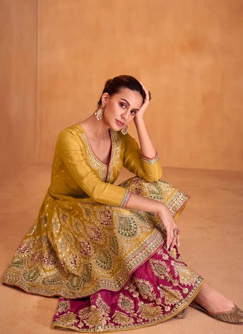 Majestic Mustard Embroidered Chinon Palazzo Suit Cheap Sale With Paypal