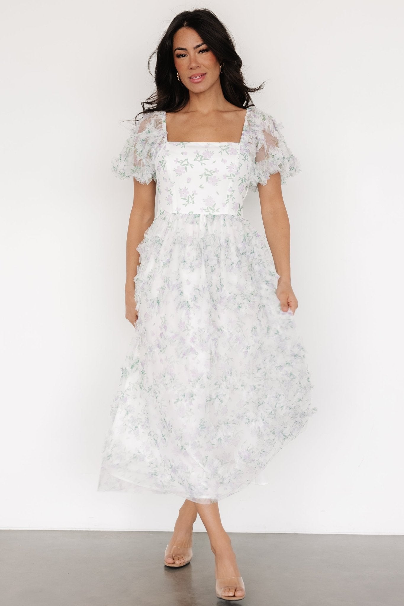 Kiera Ruffle Dress | Off White + Lavender Cheap Sale Newest