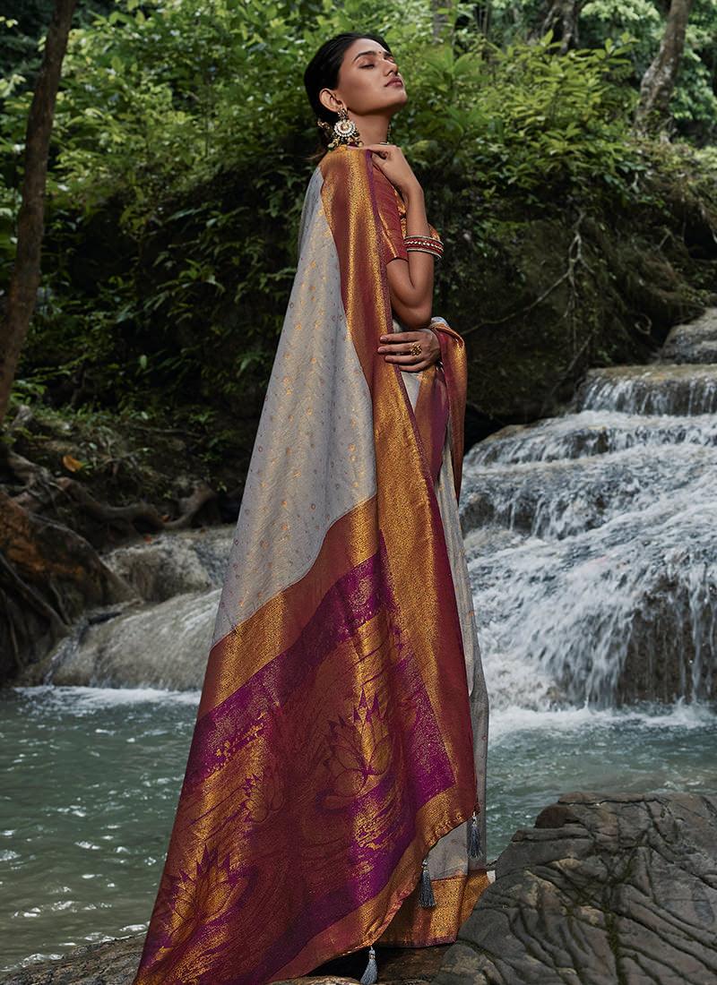 Silk Weave Grey Kanjivaram Saree Discount Pay With Paypal