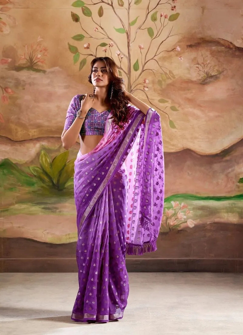 Digitally Printed Zari Weaving Georgette Silk Saree in Purple Free Shipping Sale Online