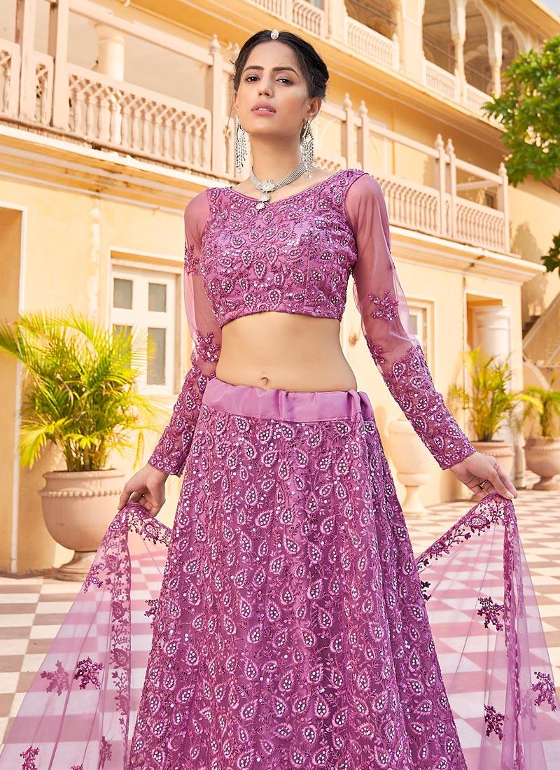 Sequins Embroidered Purple Soft Net Lehenga Clearance 2025 Unisex