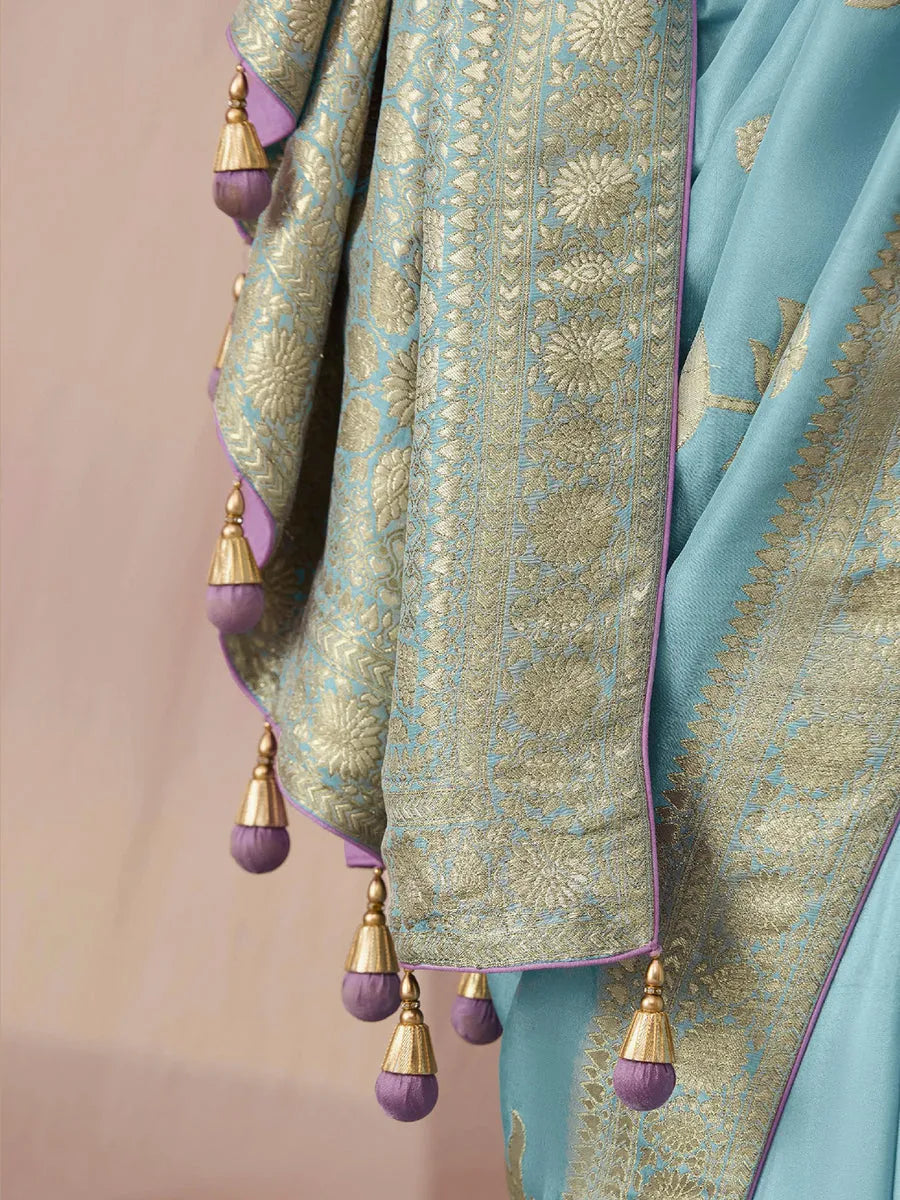 Sky Blue Designer Silk Saree with Floral Weaving Work Clearance Online Amazon