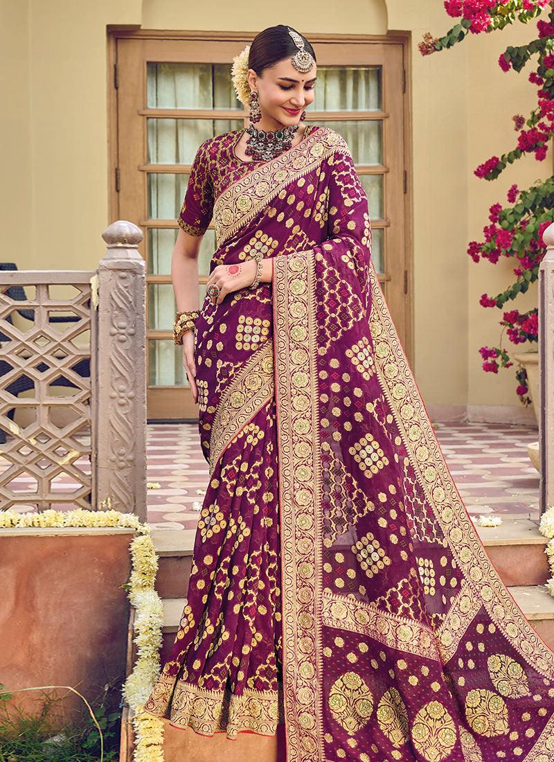 Double Blouse Georgette Base Wine Patola Saree Cheap Low Shipping