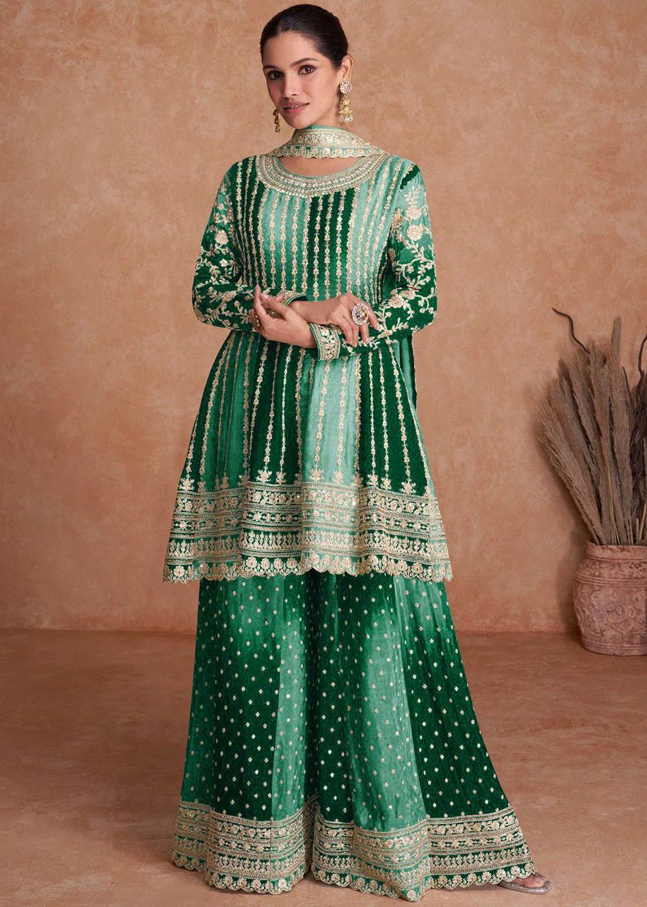 Fantastic Ombre Style Chinon Embroidered Sharara Suits On Hot Sale