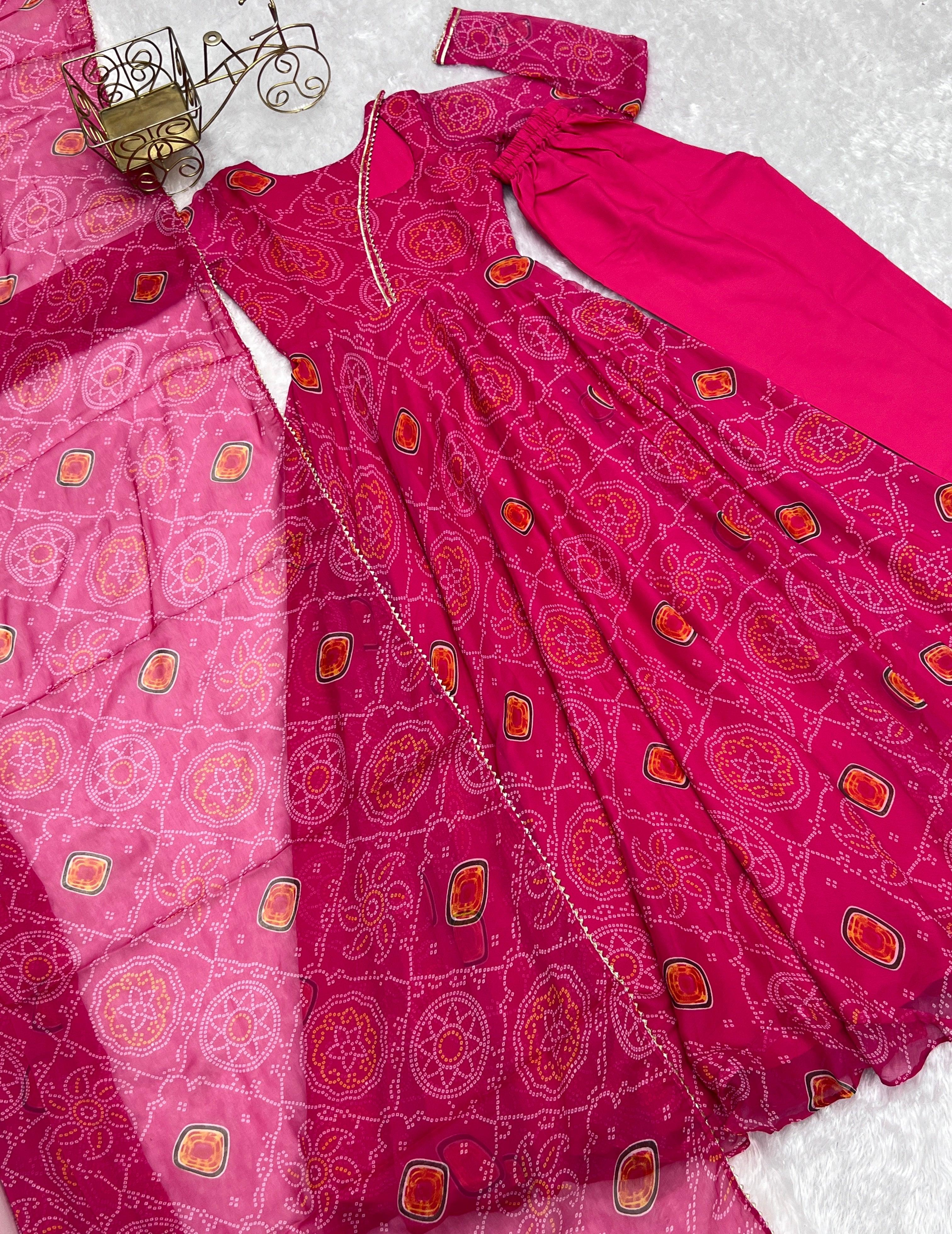 Pink Pure Chiffon Bandhej Printed Gown With Dupatta Buy Cheap Largest Supplier