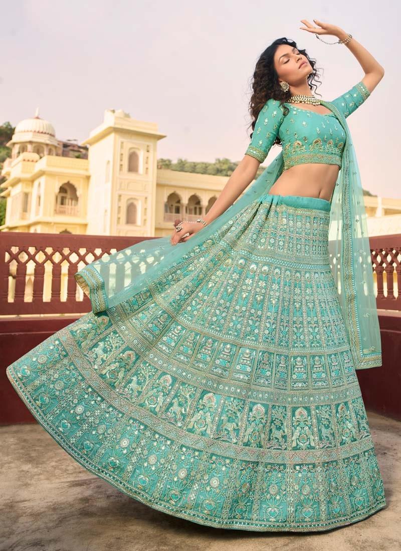 Elegant Zari And Sequins Work Turquoise Color Organza Base Lehenga Choli Cheap Wholesale