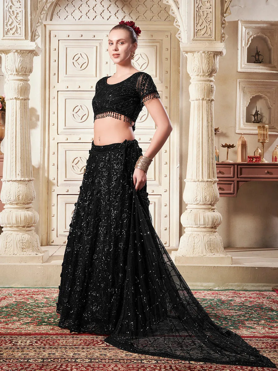 Black Floral  Net Lehenga Set For Bridal Wear With Mastercard