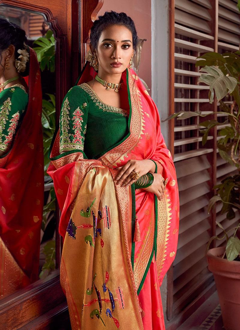 Exquisite Red and Green Silk Saree with Intricate Blouse From China For Sale